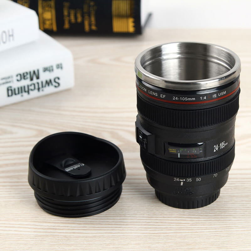 Camera lens shape stainless steel double-layer coffee cup vacuum tumbler for sale