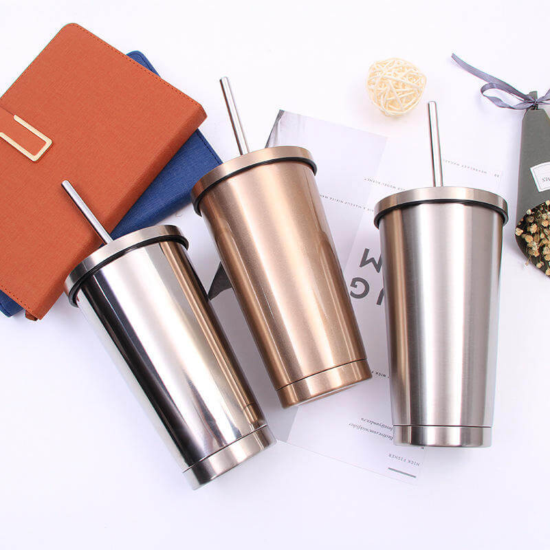 Wholesale Custom double-wall travel coffee water drinking stainless steel insulated vacuum tumbler mug cup with a metal straw