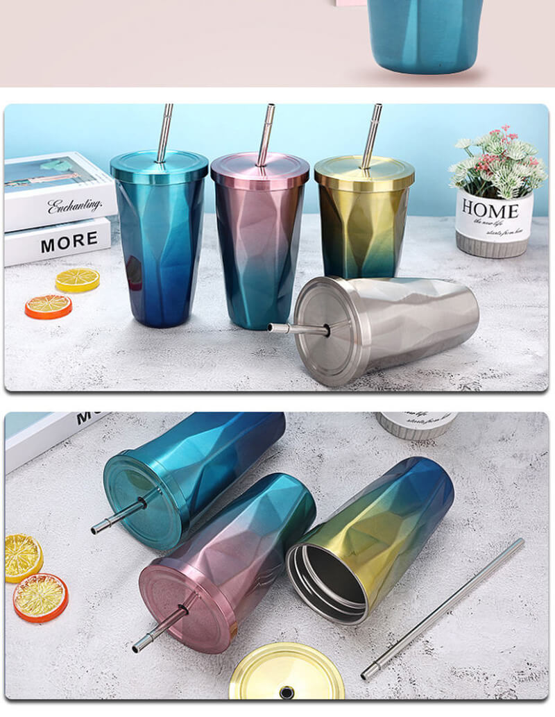 Wholesale custom double-layer gradient color stainless steel vacuum tumbler with straw and cover